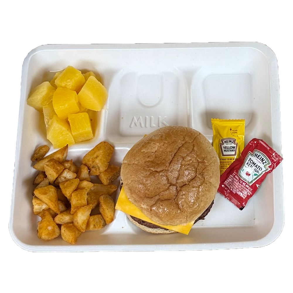 A styrofoam tray with a hamburger , french fries , pineapple and ketchup.