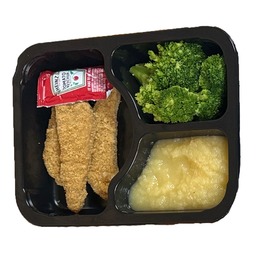 A tray of food with broccoli , mashed potatoes and ketchup.