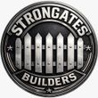 STRONGGATES BUILDERS circular black-and-silver logo with a fence graphic in the center