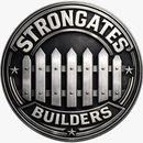 STRONGGATES BUILDERS circular black-and-silver logo with a fence graphic in the center