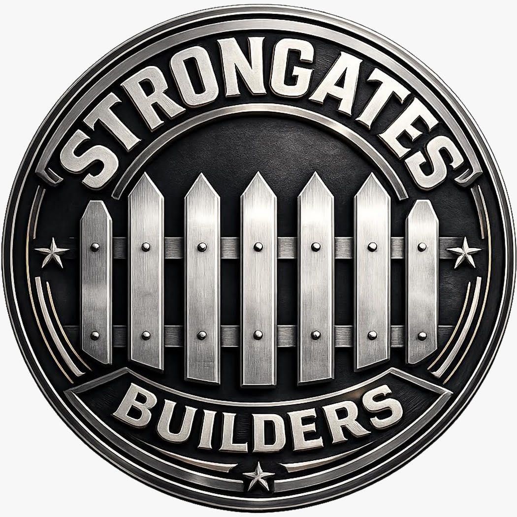 STRONGGATES BUILDERS circular black-and-silver logo with a fence graphic in the center