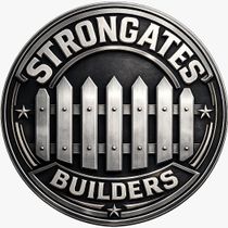 Circular black-and-silver STRONGATES BUILDERS logo with a metal fence gate in the center