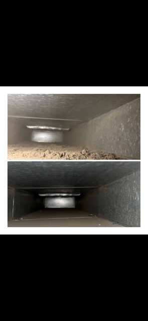 Two side-by-side views of a dusty rectangular duct or vent interior with a circular opening at the end.