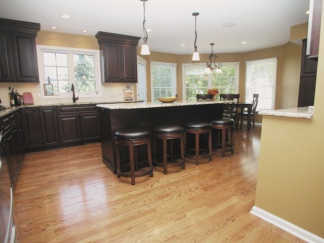 A kitchen with a large island and stools