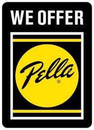 A yellow and black sign that says `` we offer pella ''.