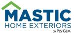 The logo for mastic home exteriors by ply gem is blue and green.