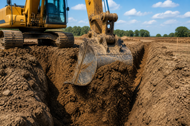 Yellow excavator digging a muddy trench in a dirt field under a blue sky