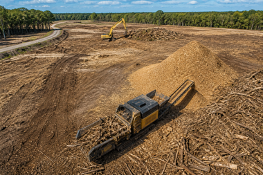 Bulldozer and excavator clearing a large dirt field with a forest in the background