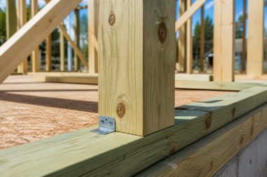 Close-up of a wooden deck frame with a vertical post secured by a metal bracket.