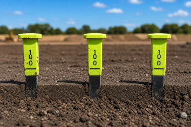 Three neon yellow soil markers labeled “100” sticking out of a dirt field under a clear sky