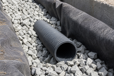Black corrugated drainage pipe lying on gray gravel beside a black landscape fabric barrier