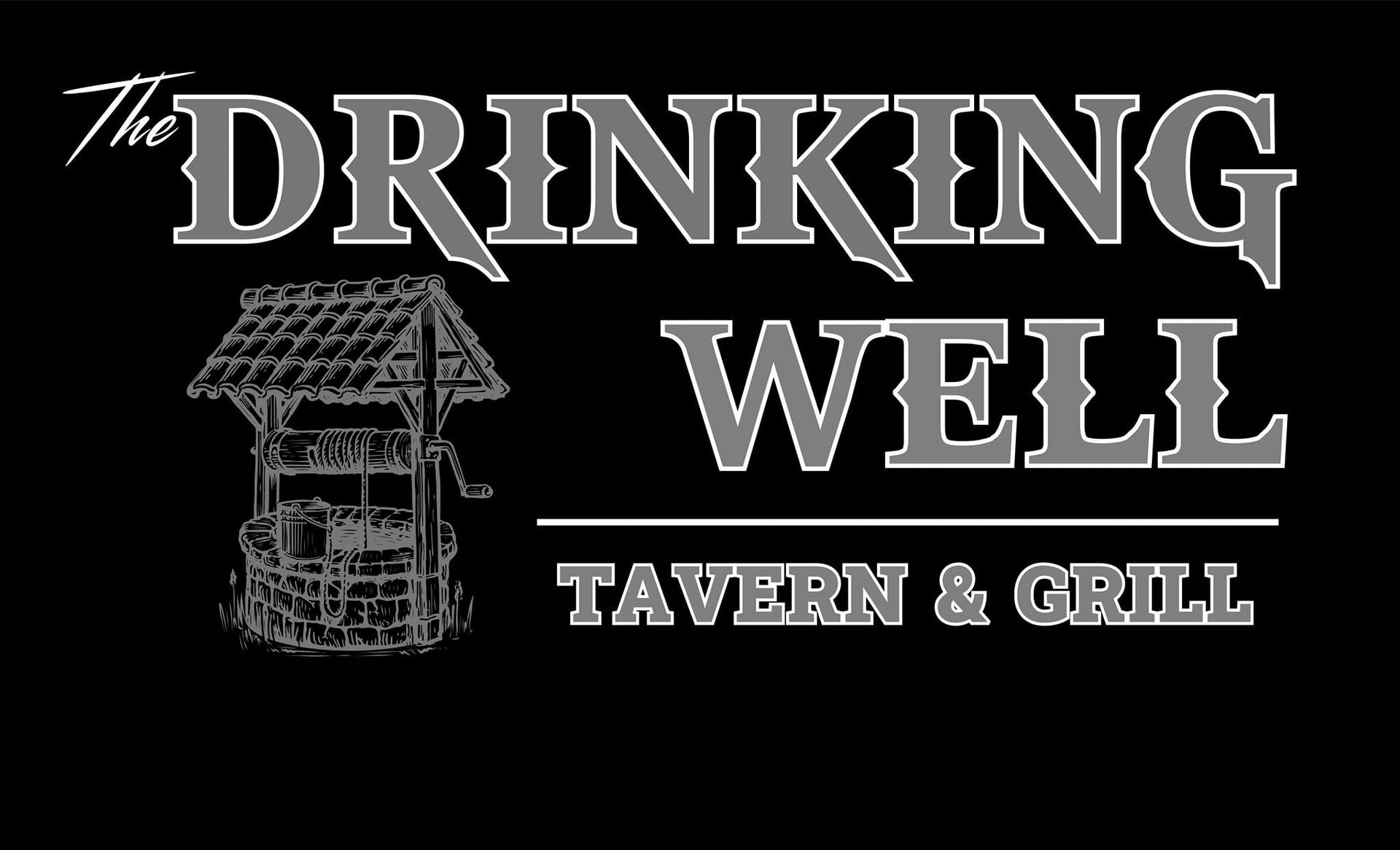 A black and white logo for the drinking well tavern and grill