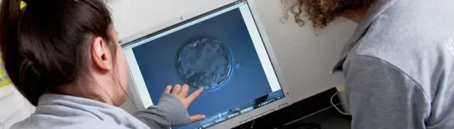 Zwei Frauen schauen auf einen Computerbildschirm.