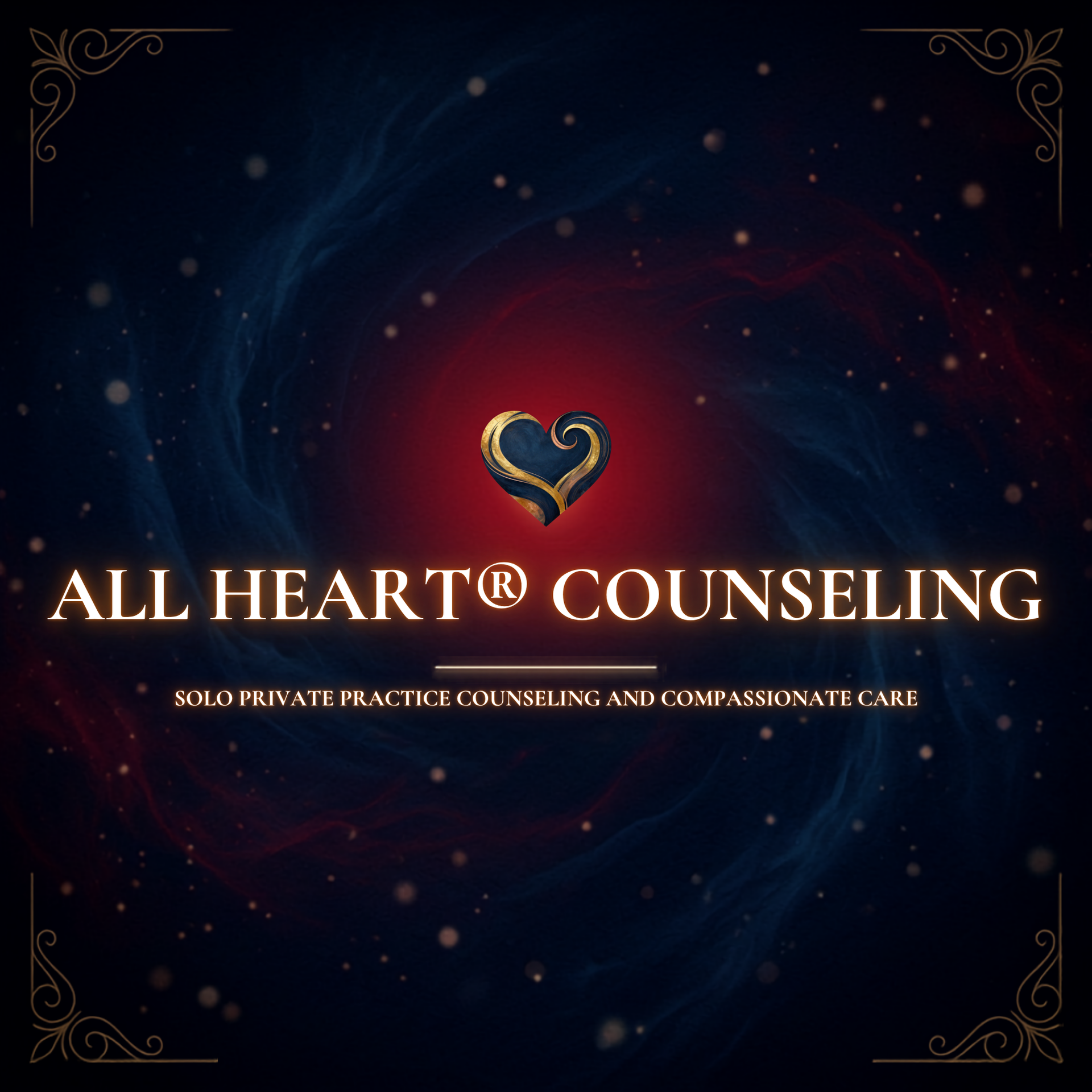 All Heart Counseling logo on dark blue-red swirls with gold heart and ornate corner accents