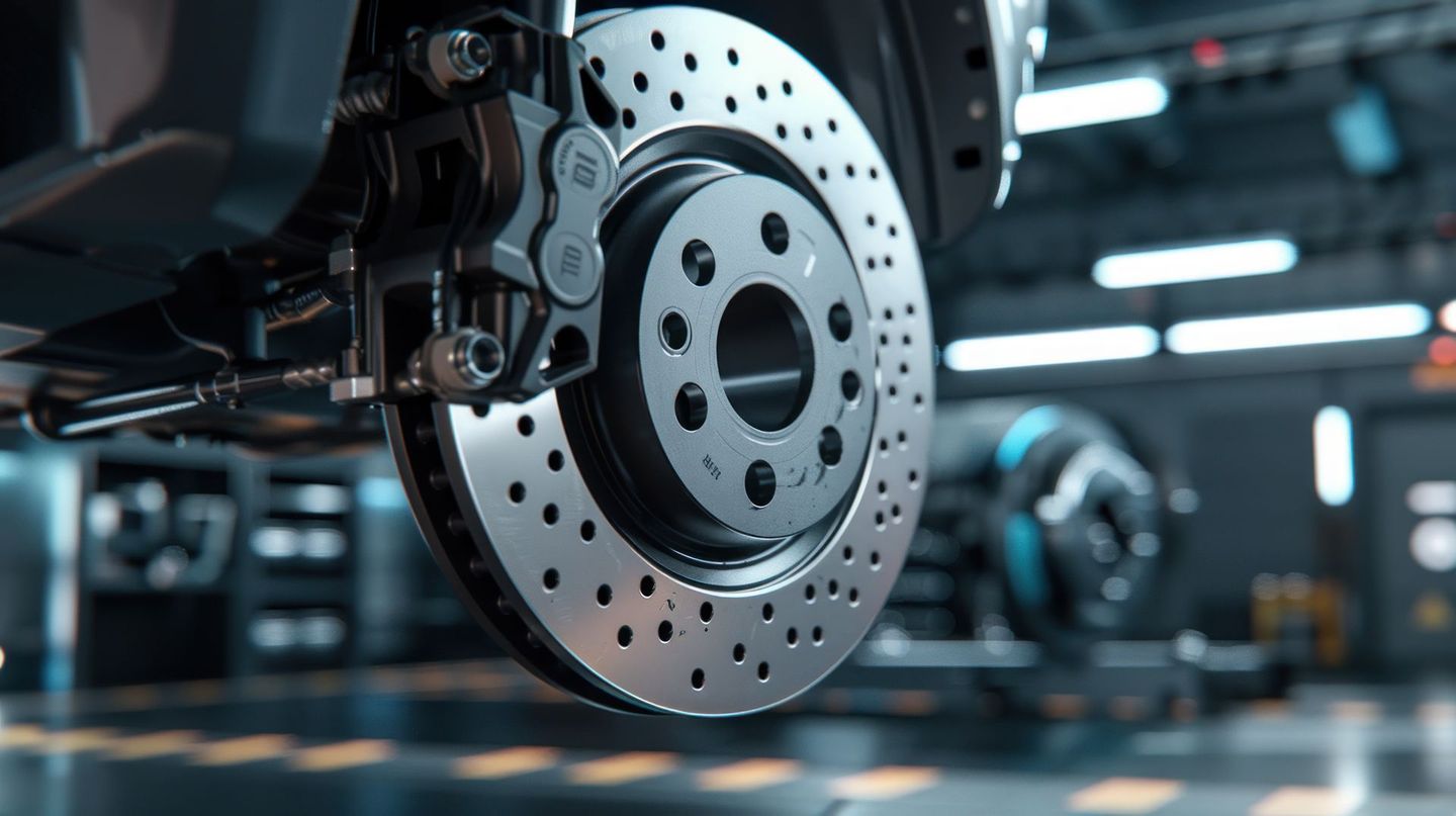 Car brake disc and caliper in a workshop, silver and black detail. | A&M Automotives