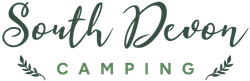 Logo for South Devon Camping. Green script text over