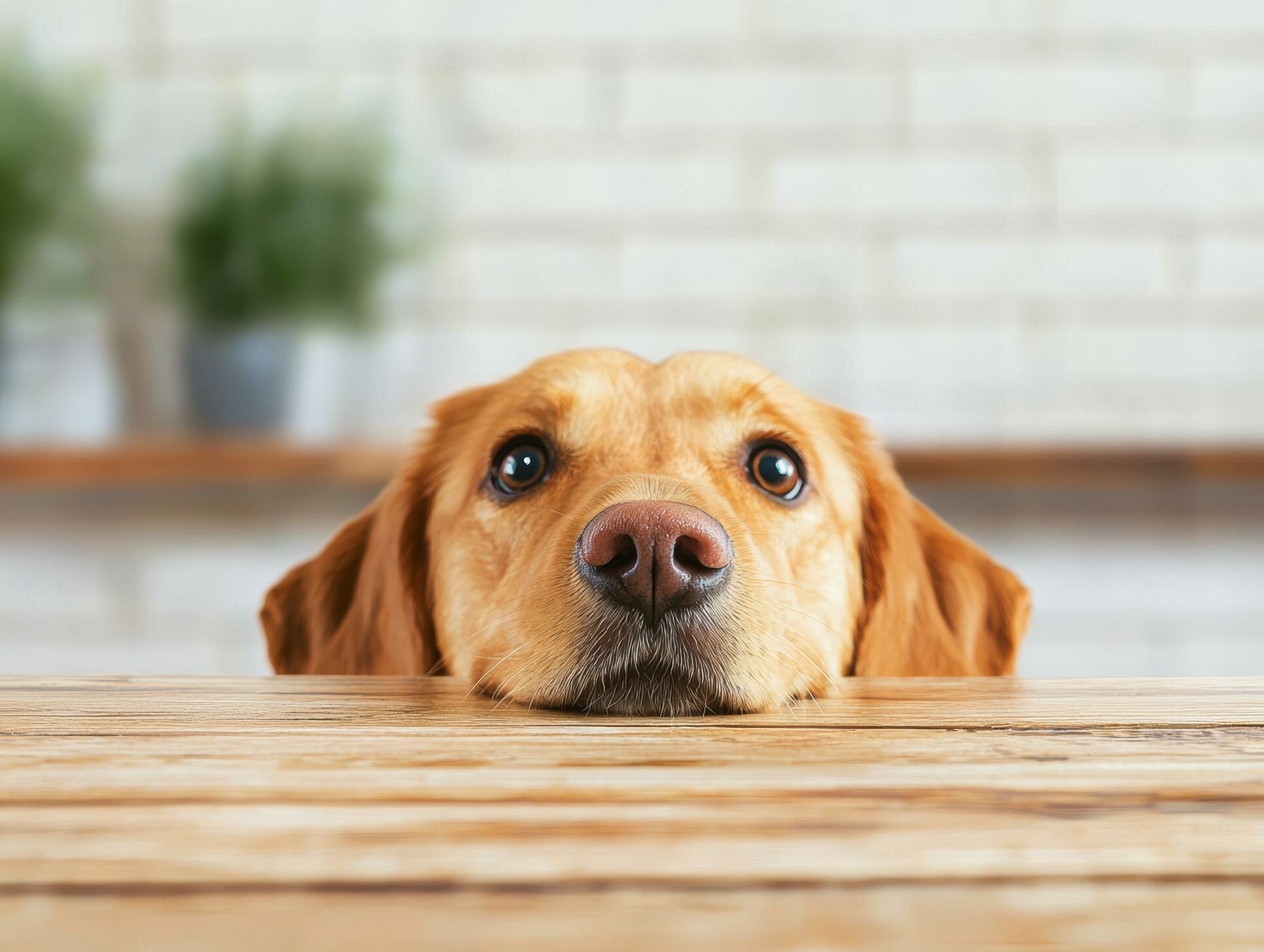 Ein Hund der über die Tischkante blickt