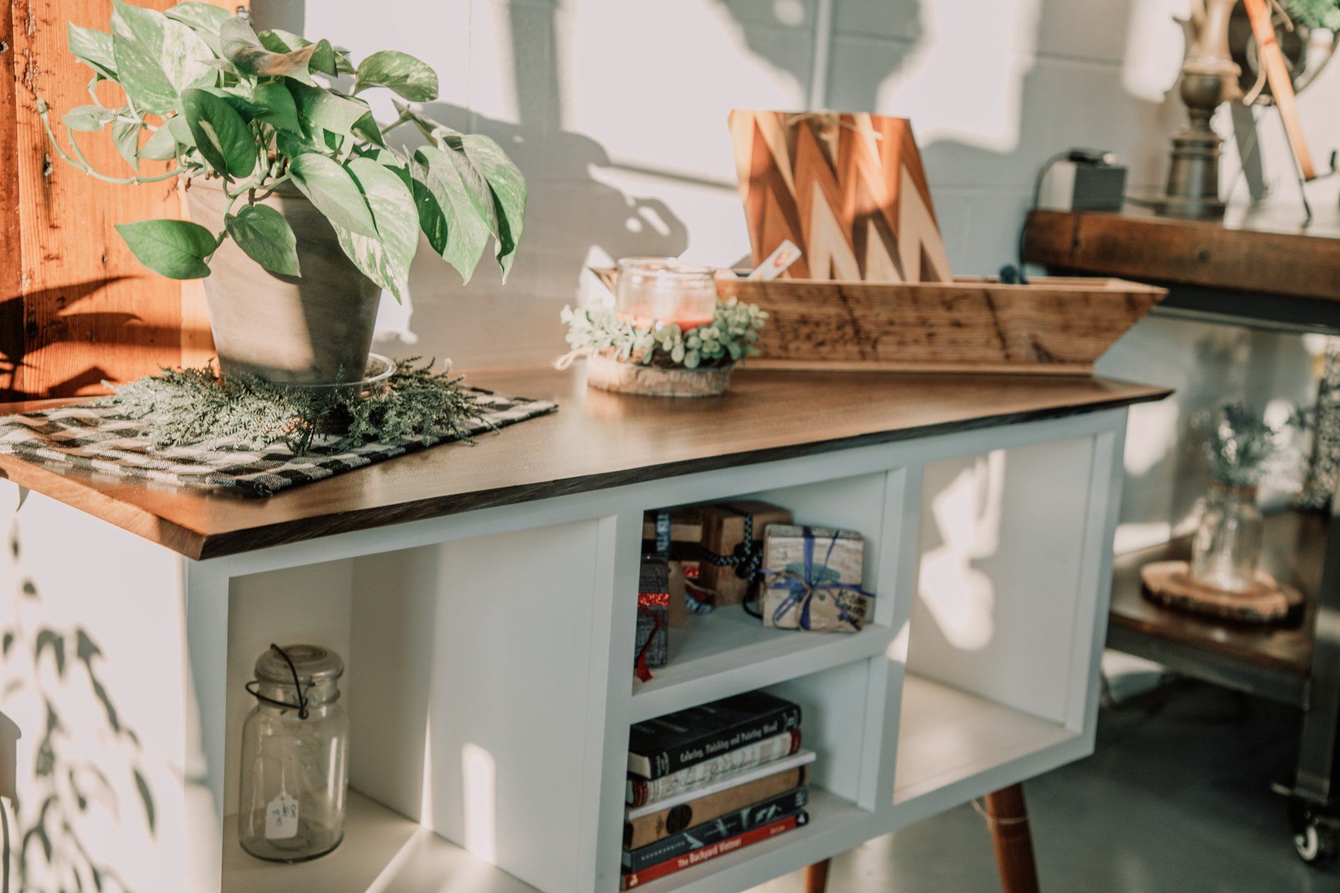 A table with a potted plant and books on it.