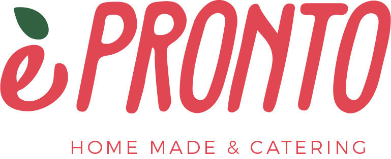 Il logo di e pronto home made and catering è rosso e bianco.