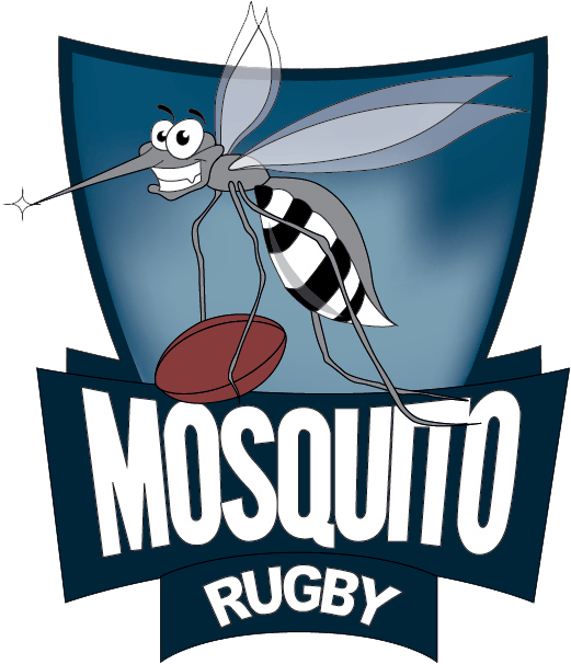 Un logo per il rugby delle zanzare con una zanzara su una palla da rugby