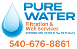 Logo for Pure Water, a water filtration service. Features a blue water drop, text, and a black hexagon border.