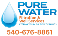 Logo for Pure Water, a water filtration service. Features a blue water drop, text, and a black hexagon border.
