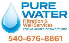 Logo for Pure Water, a water filtration service. Features a blue water drop, text, and a black hexagon border.