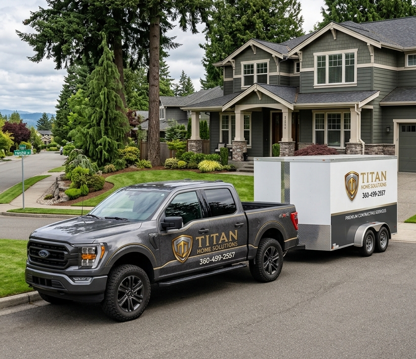 Titan roofing truck with trailer parked outside a gray house in a suburban neighborhood.