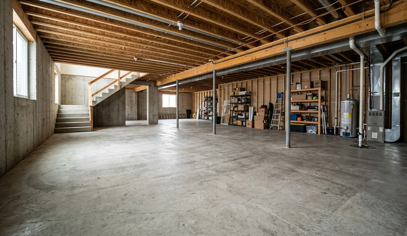 Empty unfinished basement with exposed beams, concrete floor, and storage shelves along the wall