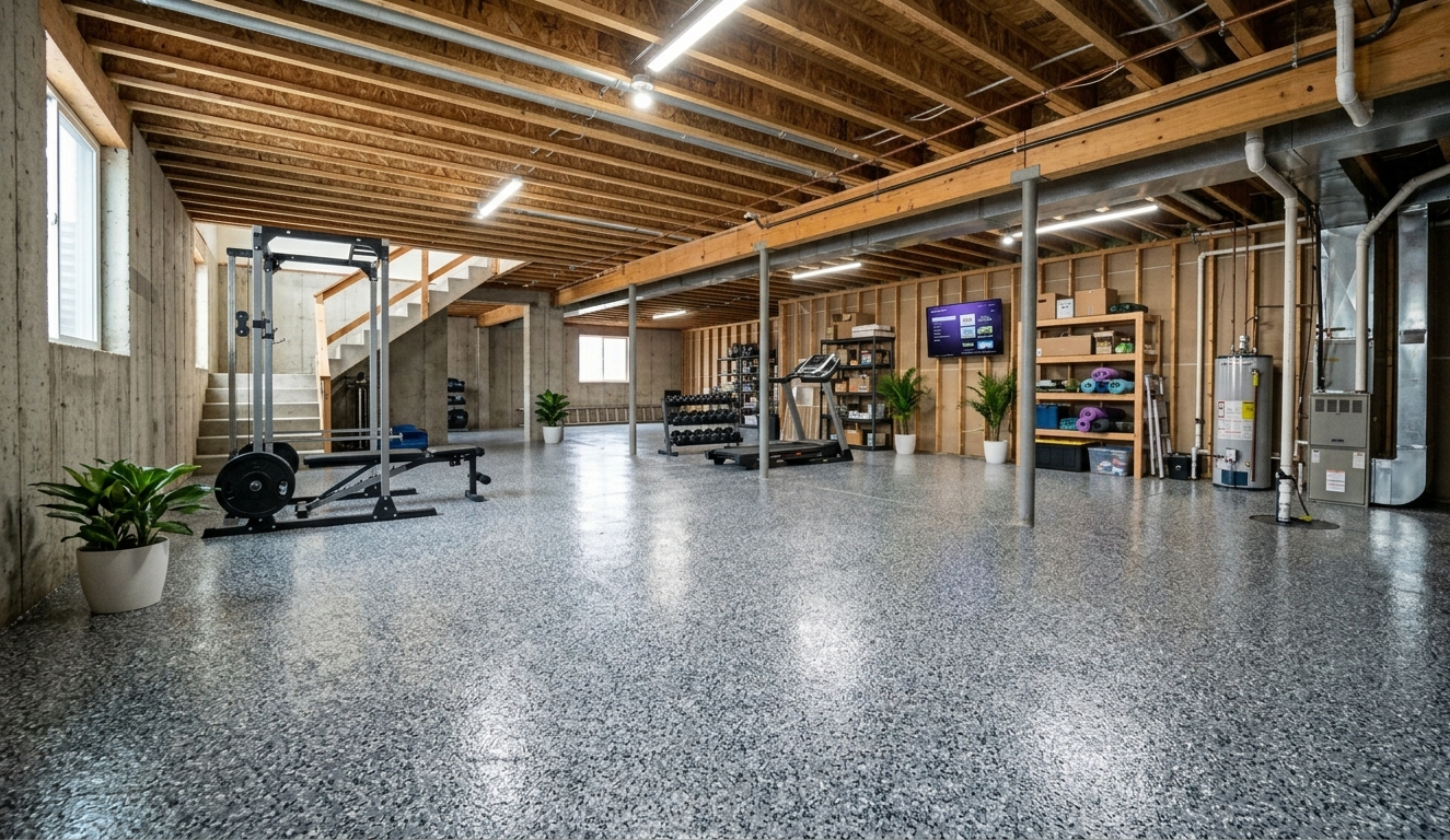 Spacious modern gym basement with exposed wood beams, exercise equipment, and polished speckled floor