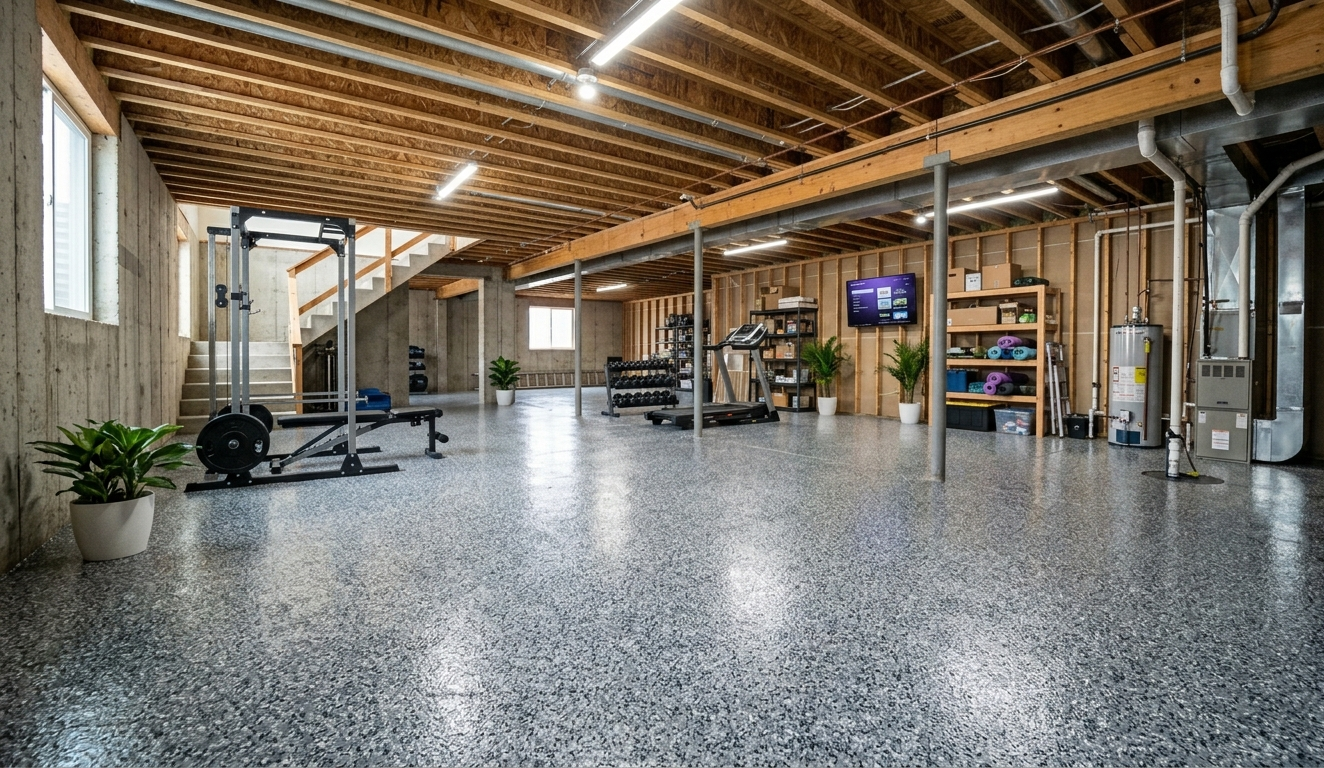 Spacious unfinished basement gym with speckled floor, exposed beams, workout equipment, and shelves