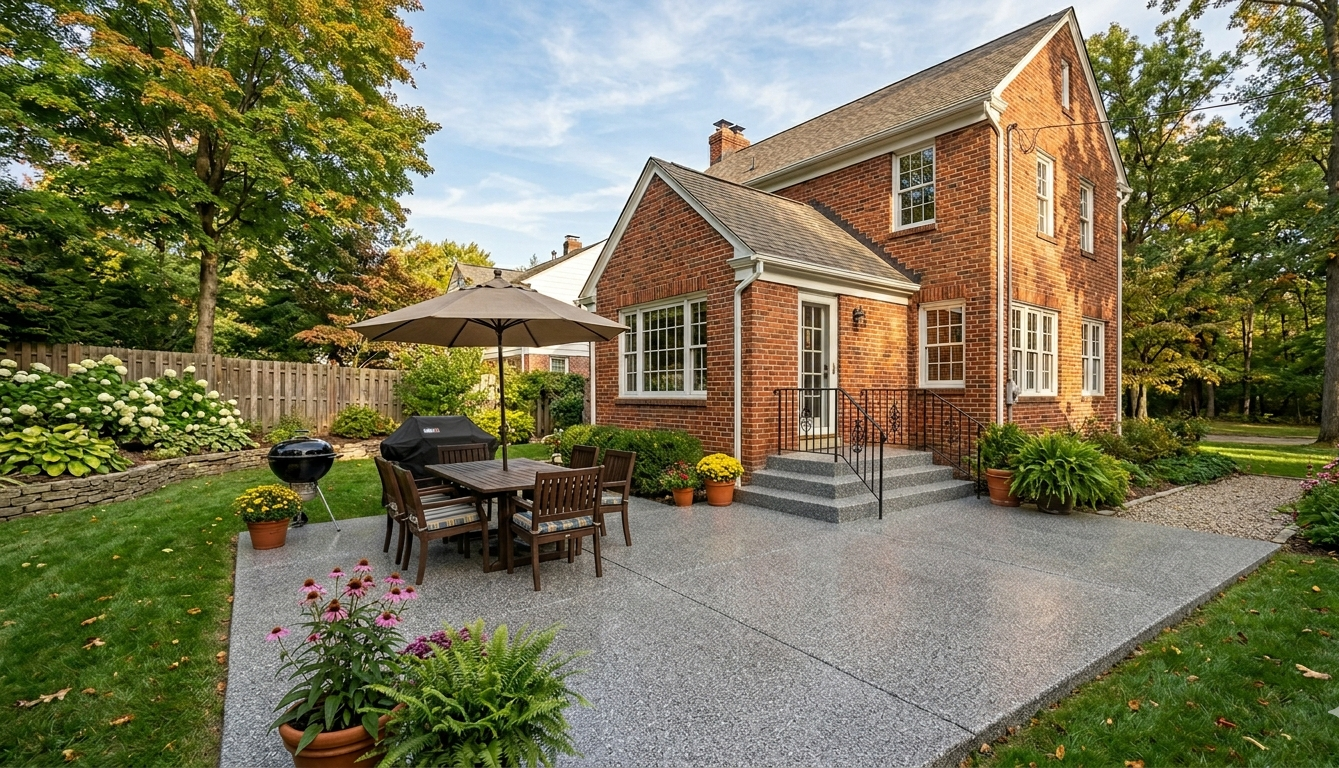 Brick house with patio dining set, umbrella, and gravel courtyard surrounded by garden greenery.