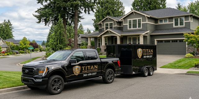 Black Titan pickup towing a Titan trailer parked on a suburban street in front of a house