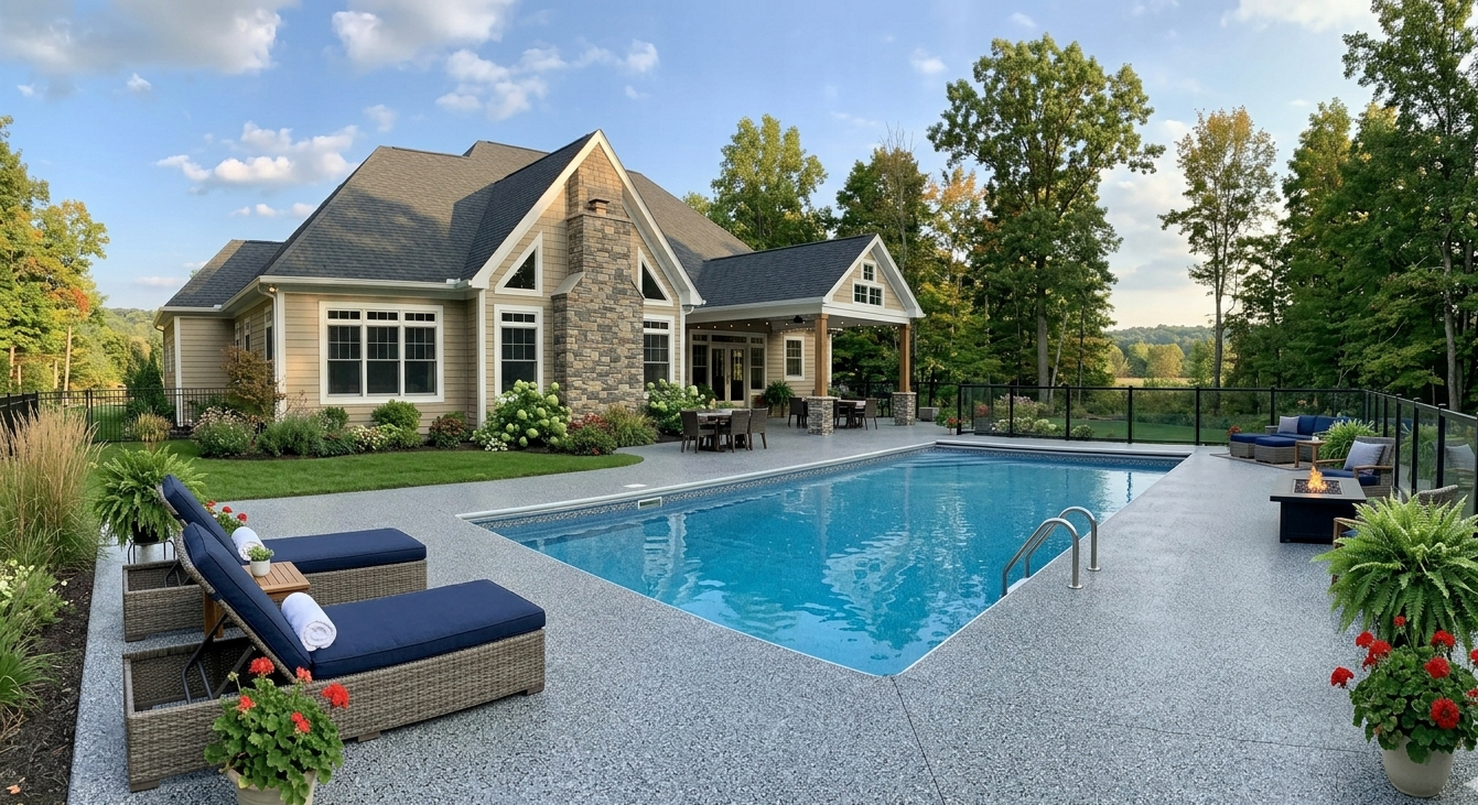 Stone house with a blue swimming pool, lounge chairs, and a landscaped backyard at sunset