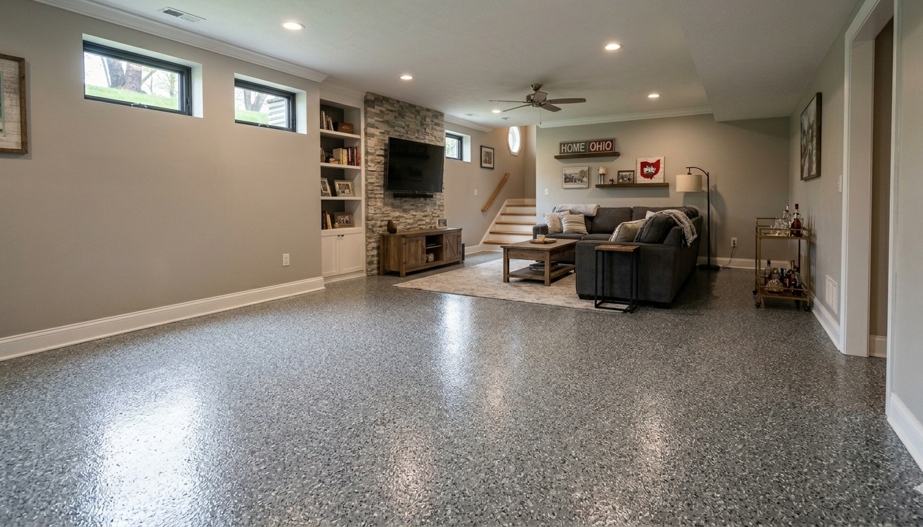 Spacious basement rec room with gray speckled floor, stone fireplace, and seating area under recessed lights