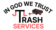 JL Trash services logo with "In God We Trust," red and black text, and a trash truck icon