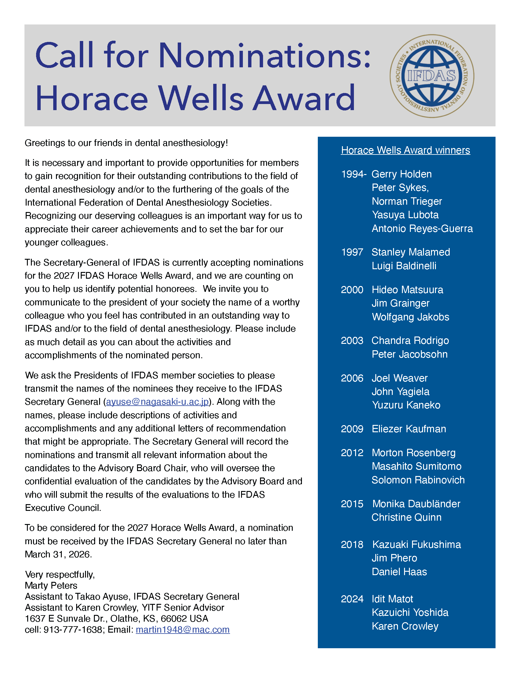 Call for nominations horace wells award