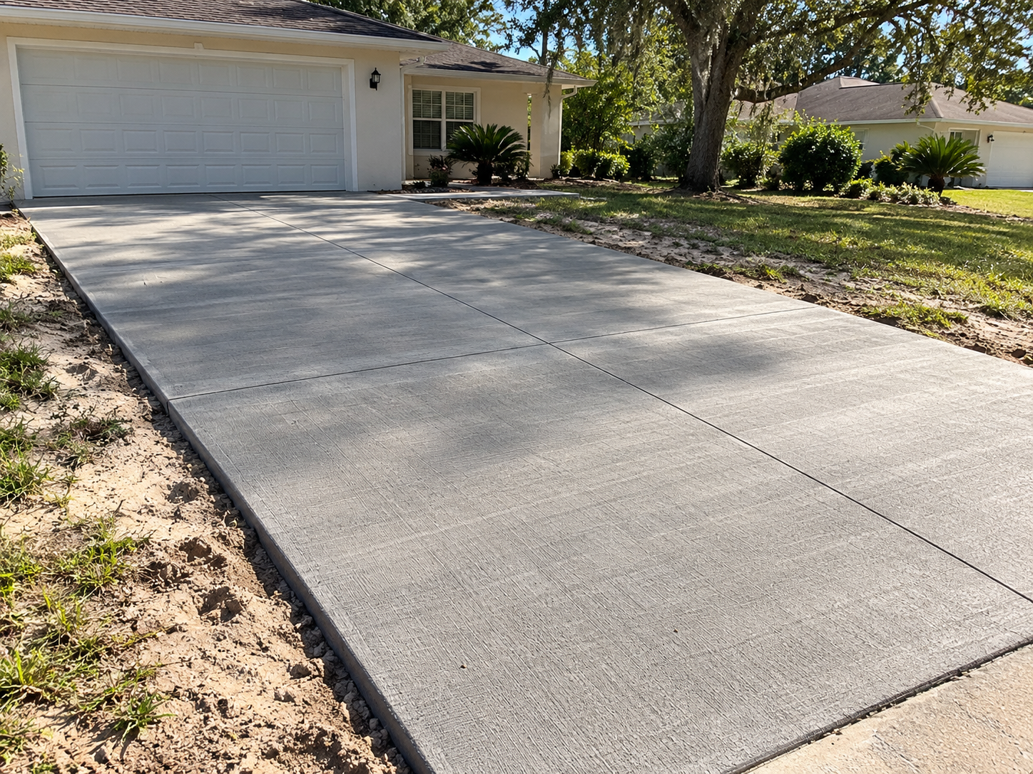 Broom-finish concrete driveway with a clean brushed texture in Ocala