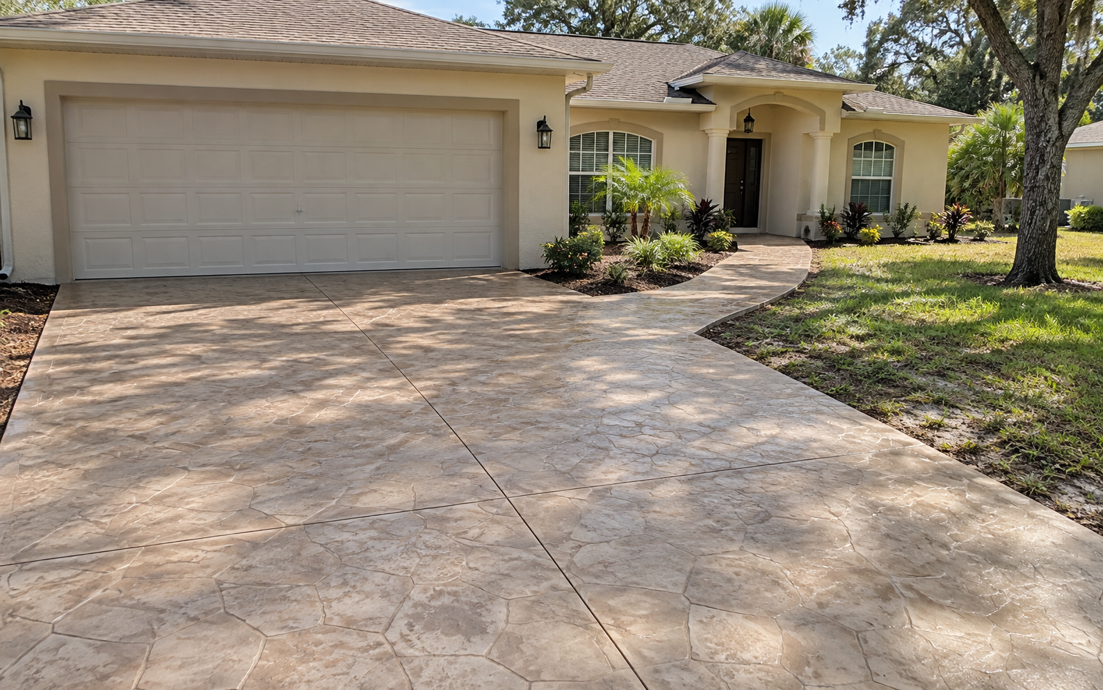 Stamped concrete driveway and matching walkway on an Ocala, Florida home
