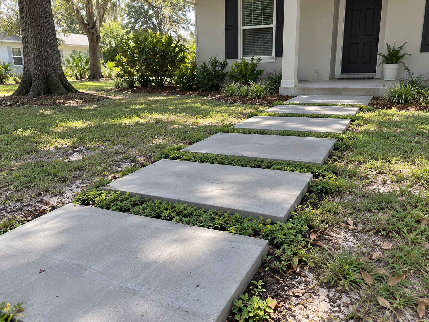 Modern geometric concrete stepping-stone walkway with planted gaps