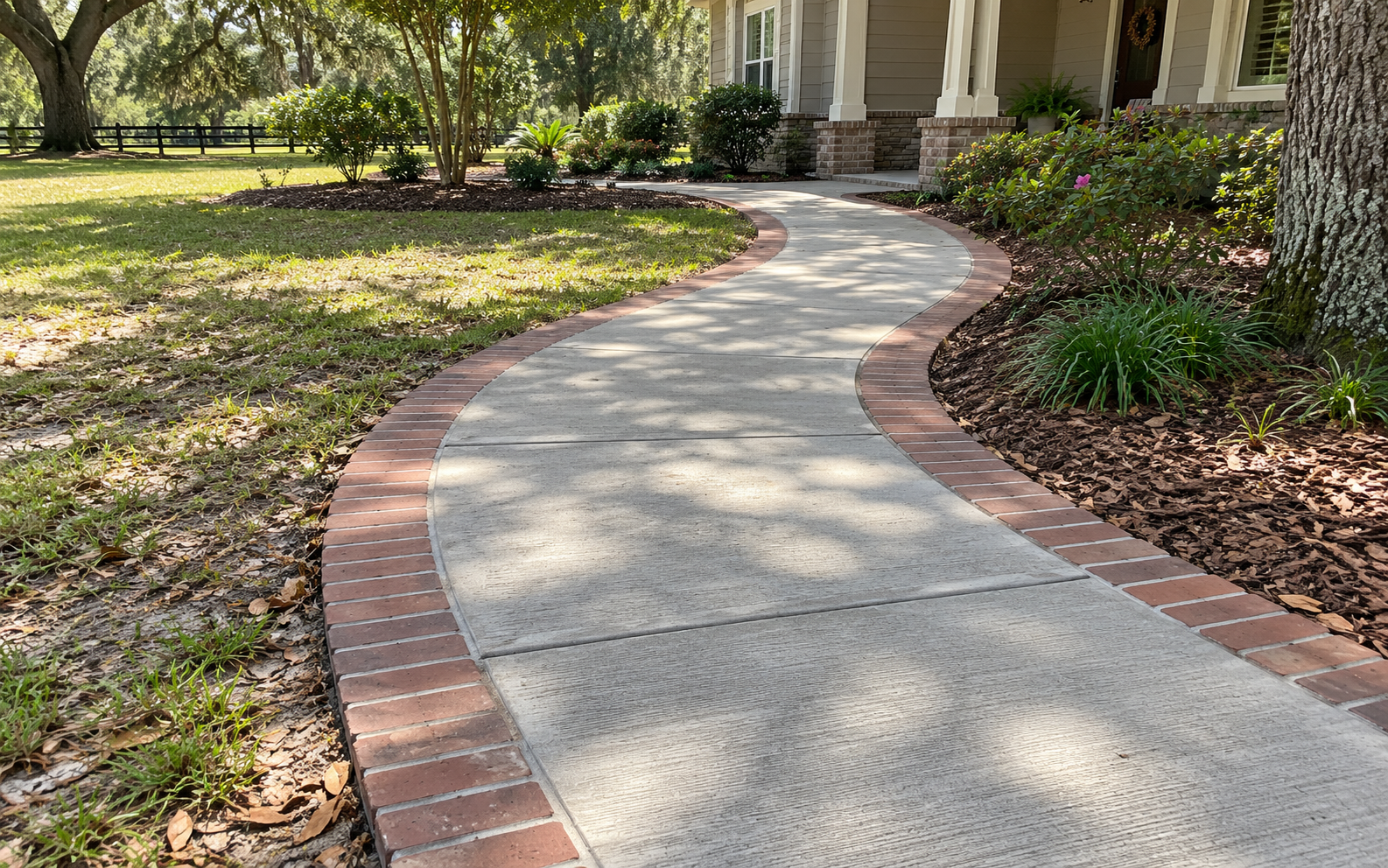 Gently curved concrete walkway with a contrasting brick border in Ocala