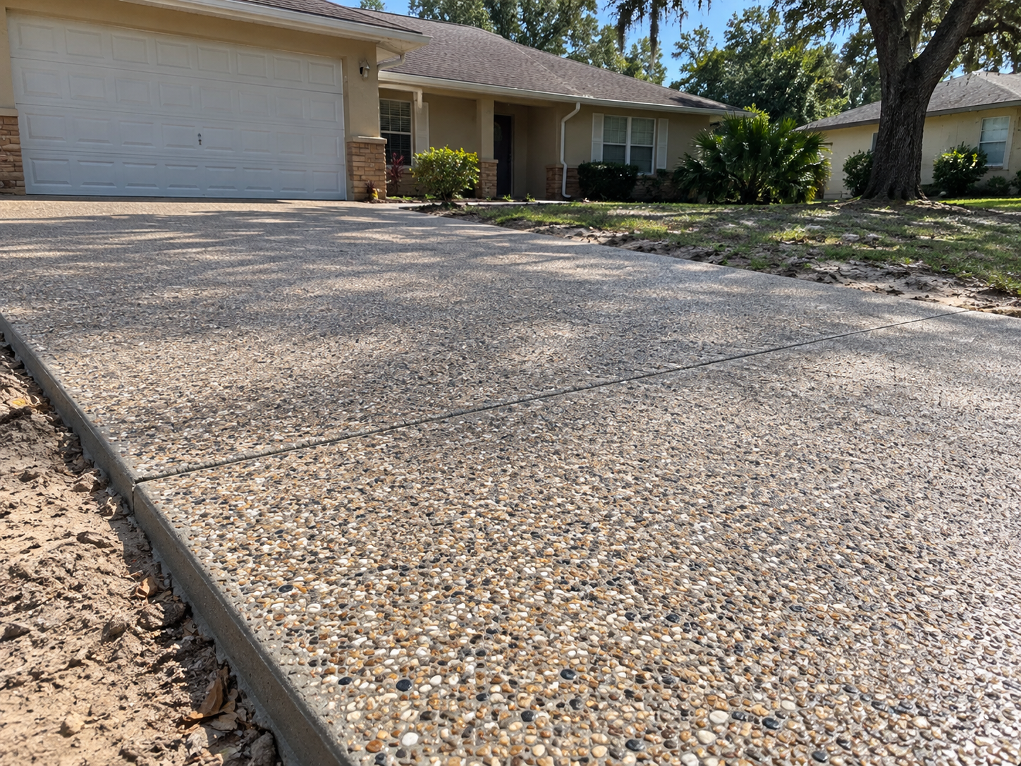 Exposed aggregate driveway with a textured, pebbled slip-resistant finish