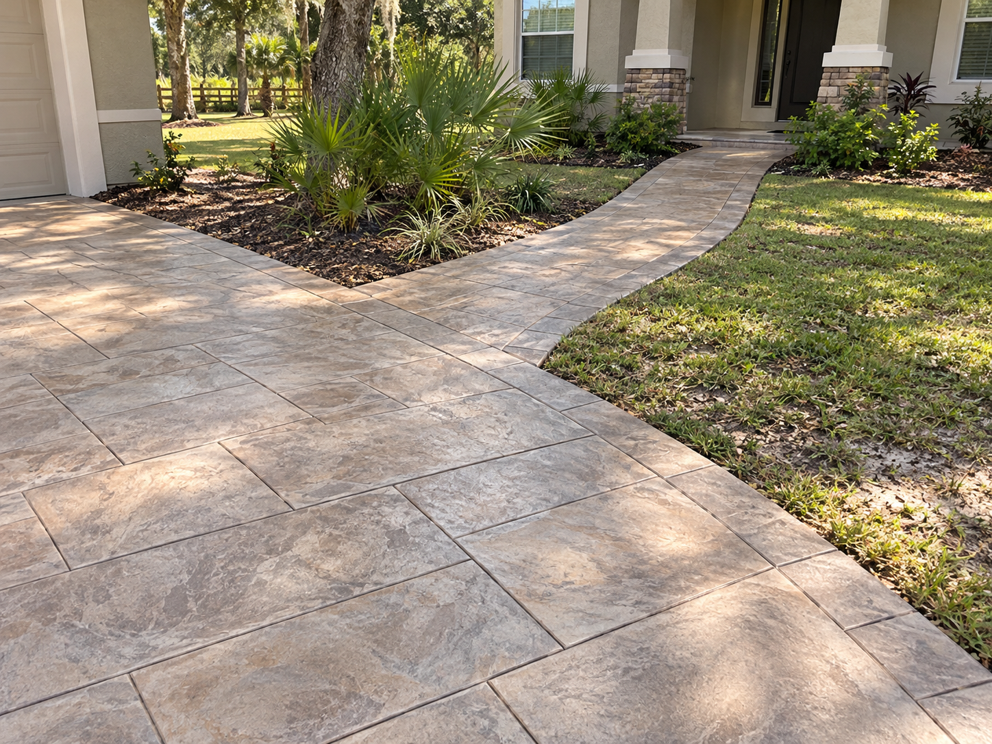 Stamped concrete walkway matching the driveway pattern on an Ocala home