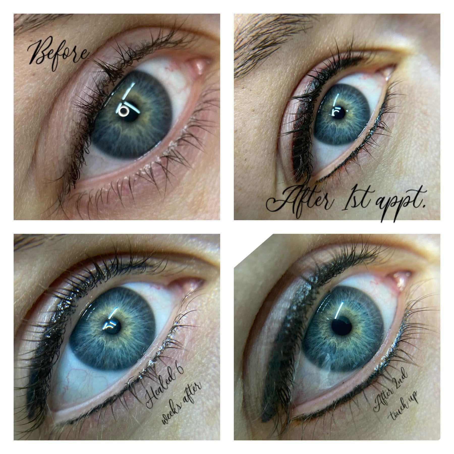 Four images of an eye showing eyeliner tattoo process: Before, after first appt, healed 6 weeks, and after touch-up.