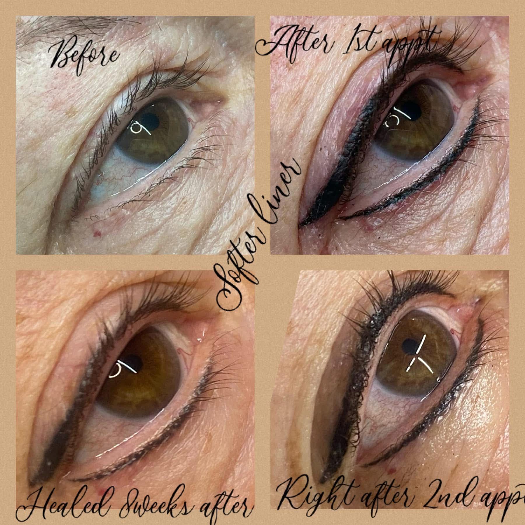 Eyeliner tattoo process: Before, after 1st application, healed after 8 weeks