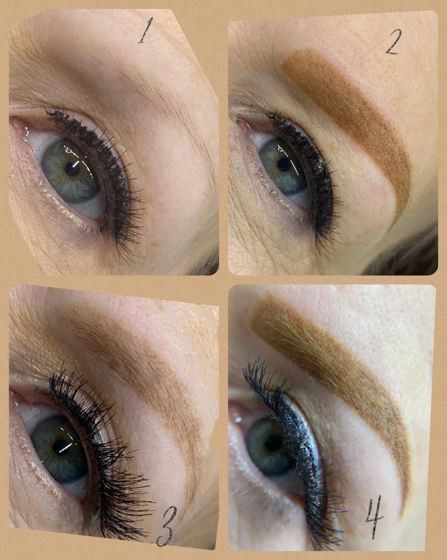 Four close-up photos of a person's eye, showing different stages of eyebrow and eyeliner makeup.