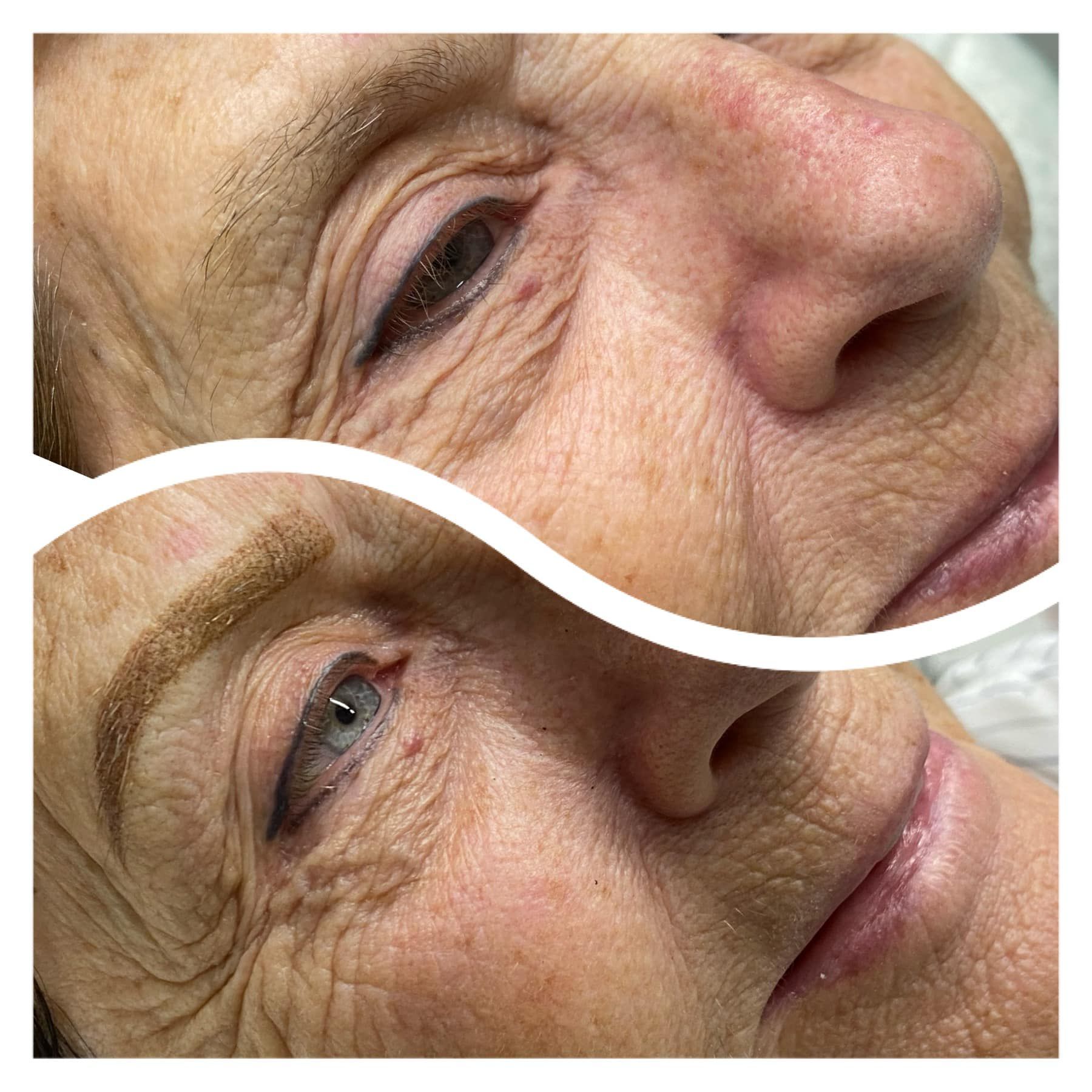 Before and after photos: woman with permanent eyeliner and eyebrows. Top: Before. Bottom: After.