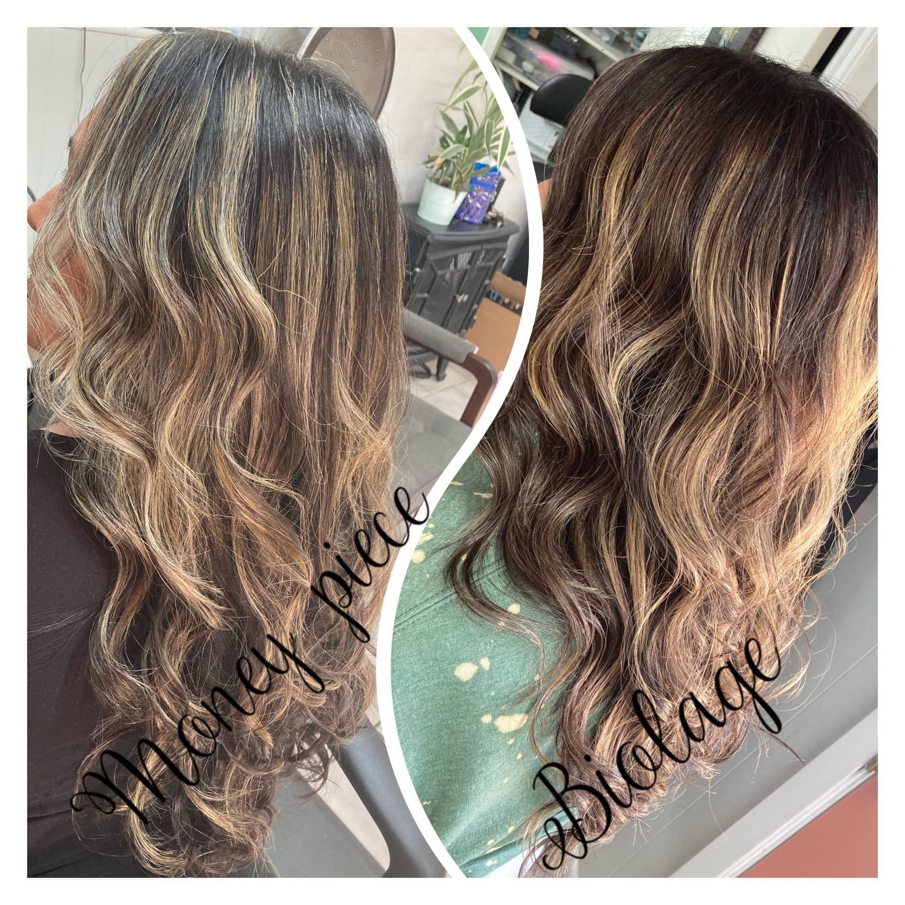 Two women's wavy hair before and after coloring; showing blonde and brown highlights transformation.