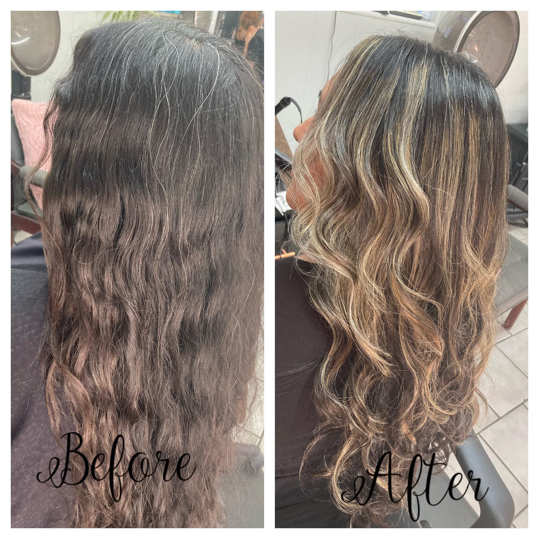 Hair transformation: Before and after photos show a woman's hair going from dark with highlights to light brown with blonde.