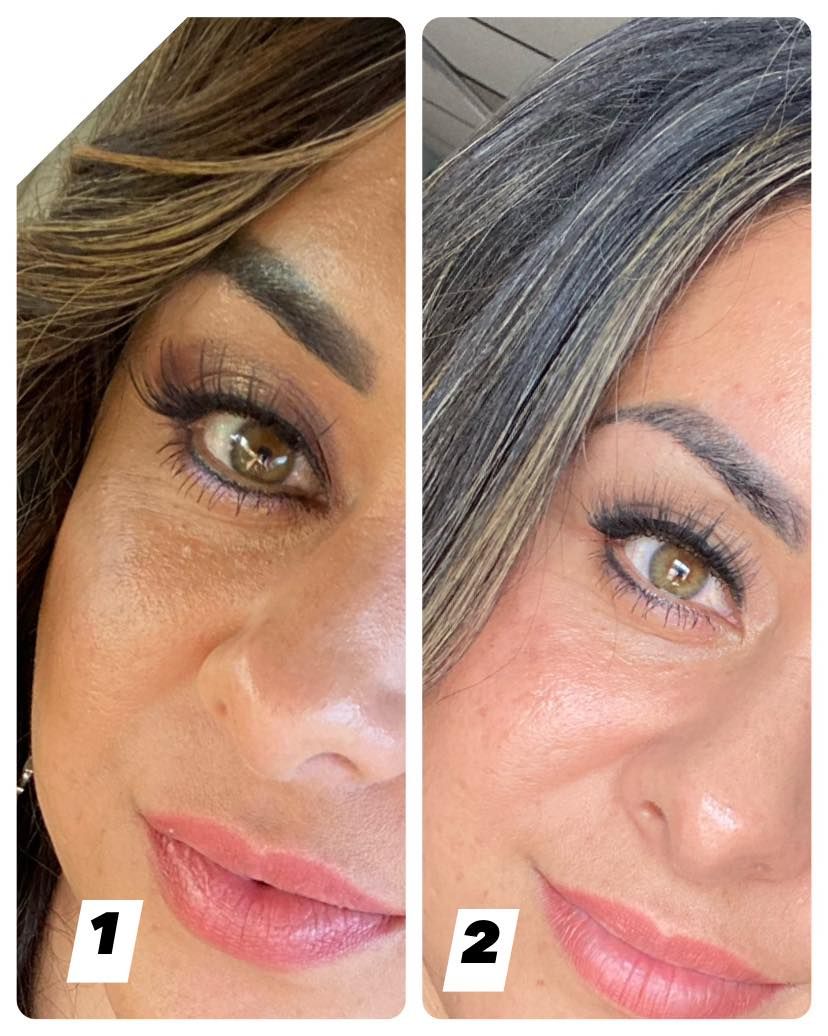 Woman with brown (1) and gray (2) hair, smiling with makeup, side-by-side comparison.